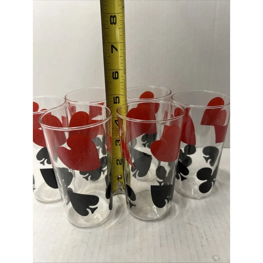 Mid Century Modern Card Suits Drinking Glasses Set of 6 Poker Night Barware
